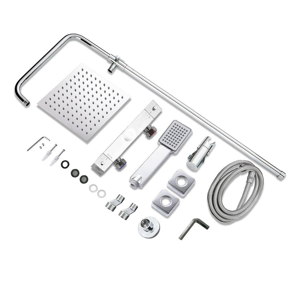 AICA Colonna Doccia con Miscelatore Termostatico, Rubinetto Doccia, Soffione Doccia Quadrato in Acciaio Inox, Altezza Regolabile, Set Doccia Completo, Matt Black / Cromato
