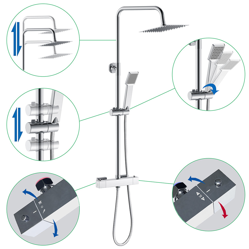 AICA Colonna Doccia con Miscelatore Termostatico, Rubinetto Doccia, Soffione Doccia Quadrato in Acciaio Inox, Altezza Regolabile, Set Doccia Completo, Matt Black / Cromato