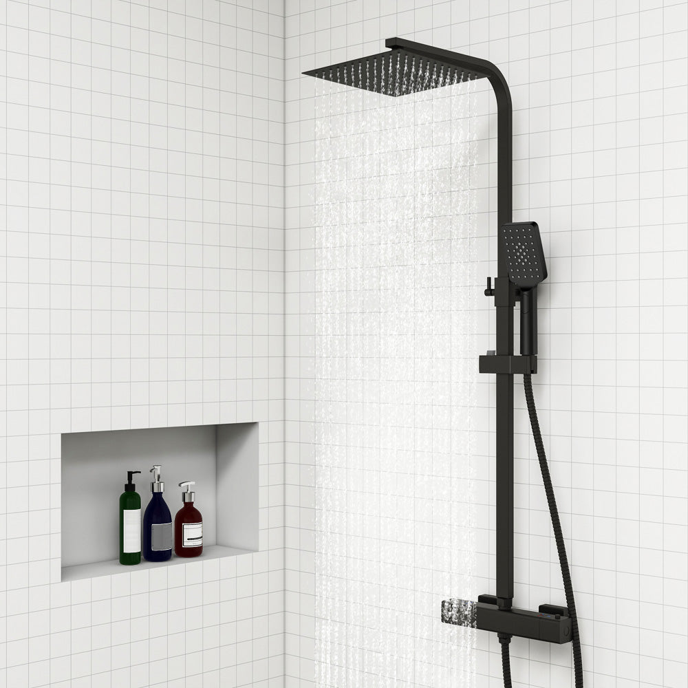 AICA Colonna doccia con miscelatore termostatico, rubinetto doccia 29x4.5cm, soffione doccia quadrato 25x25cm in acciaio inox cromato o Nero opaco Nero opaco