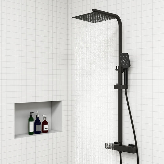 AICA Colonna doccia con miscelatore termostatico, rubinetto doccia 29x4.5cm, soffione doccia quadrato 25x25cm in acciaio inox cromato o Nero opaco Nero opaco
