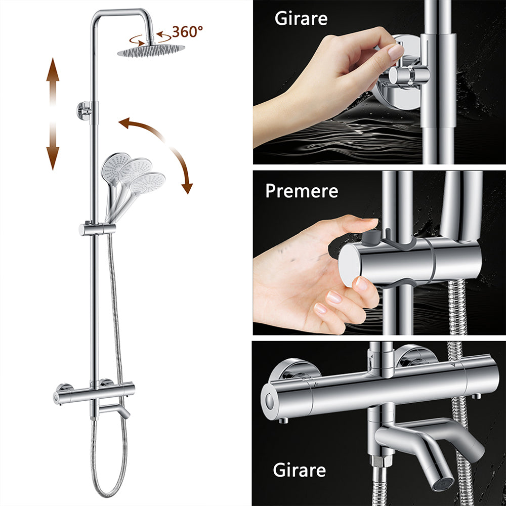 AICA Colonna doccia con miscelatore termostatico, rubinetto doccia cilindro 28x4cm con beccuccio girevole 90° cromato