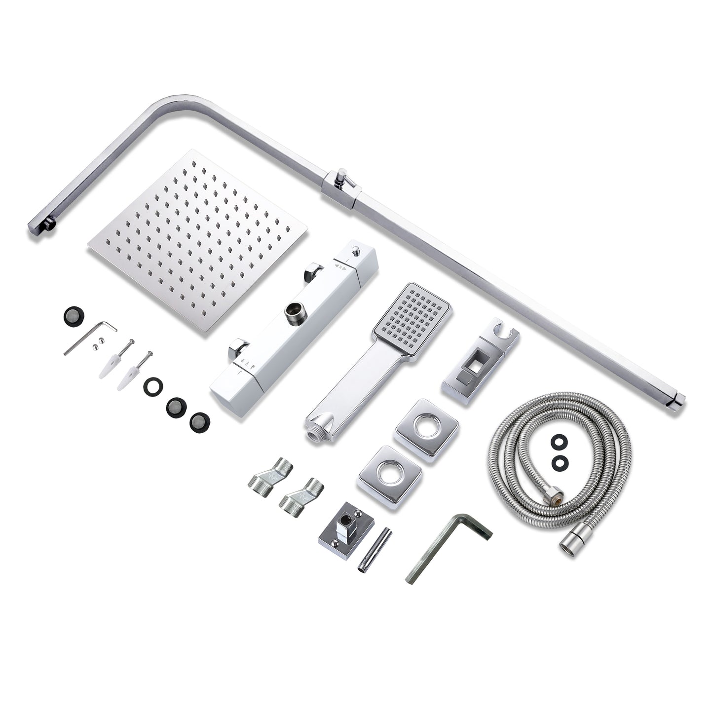 Doccia AICA con miscelatore termostatico e soffione quadrato 20x20 cm in acciaio inox, regolabile in altezza, colori disponibili: cromo o nero.