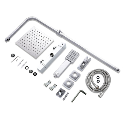 Doccia AICA con miscelatore termostatico e soffione quadrato 20x20 cm in acciaio inox, regolabile in altezza, colori disponibili: cromo o nero.