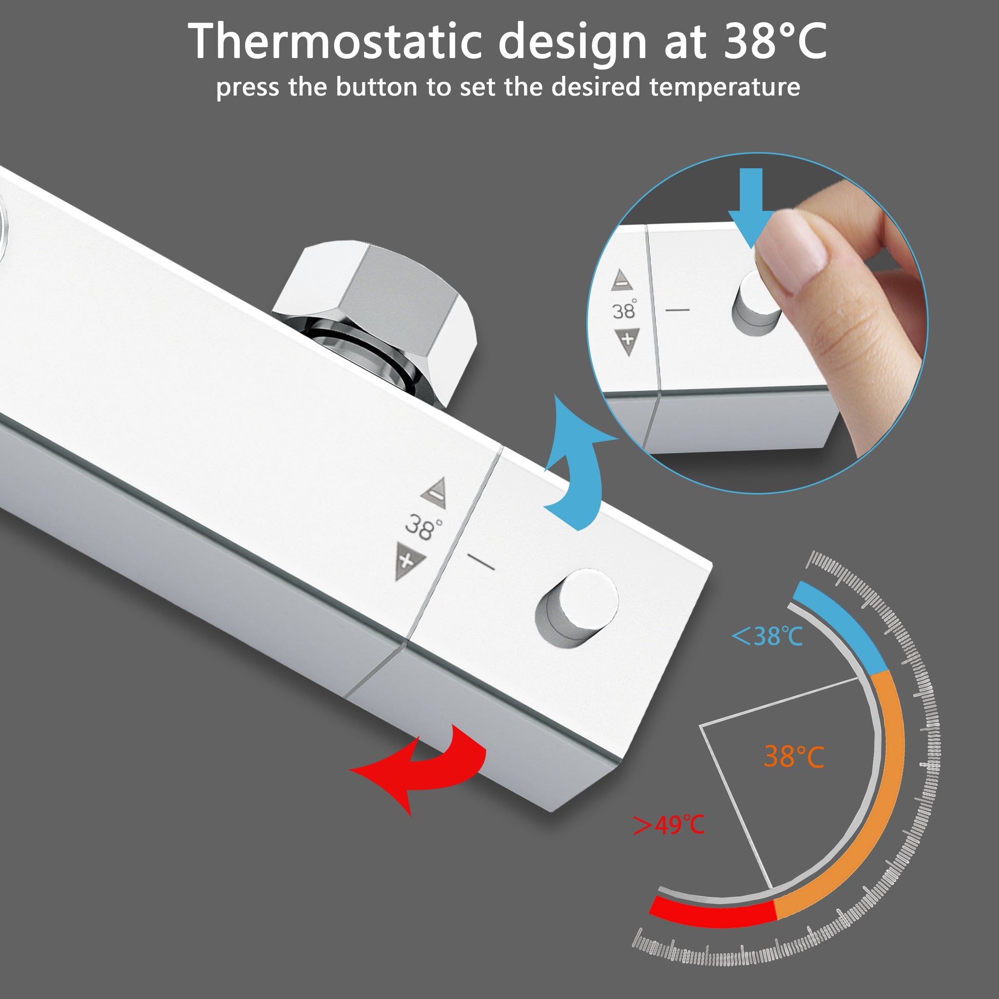 Doccia AICA con miscelatore termostatico e soffione quadrato 20x20 cm in acciaio inox, regolabile in altezza, colori disponibili: cromo o nero.