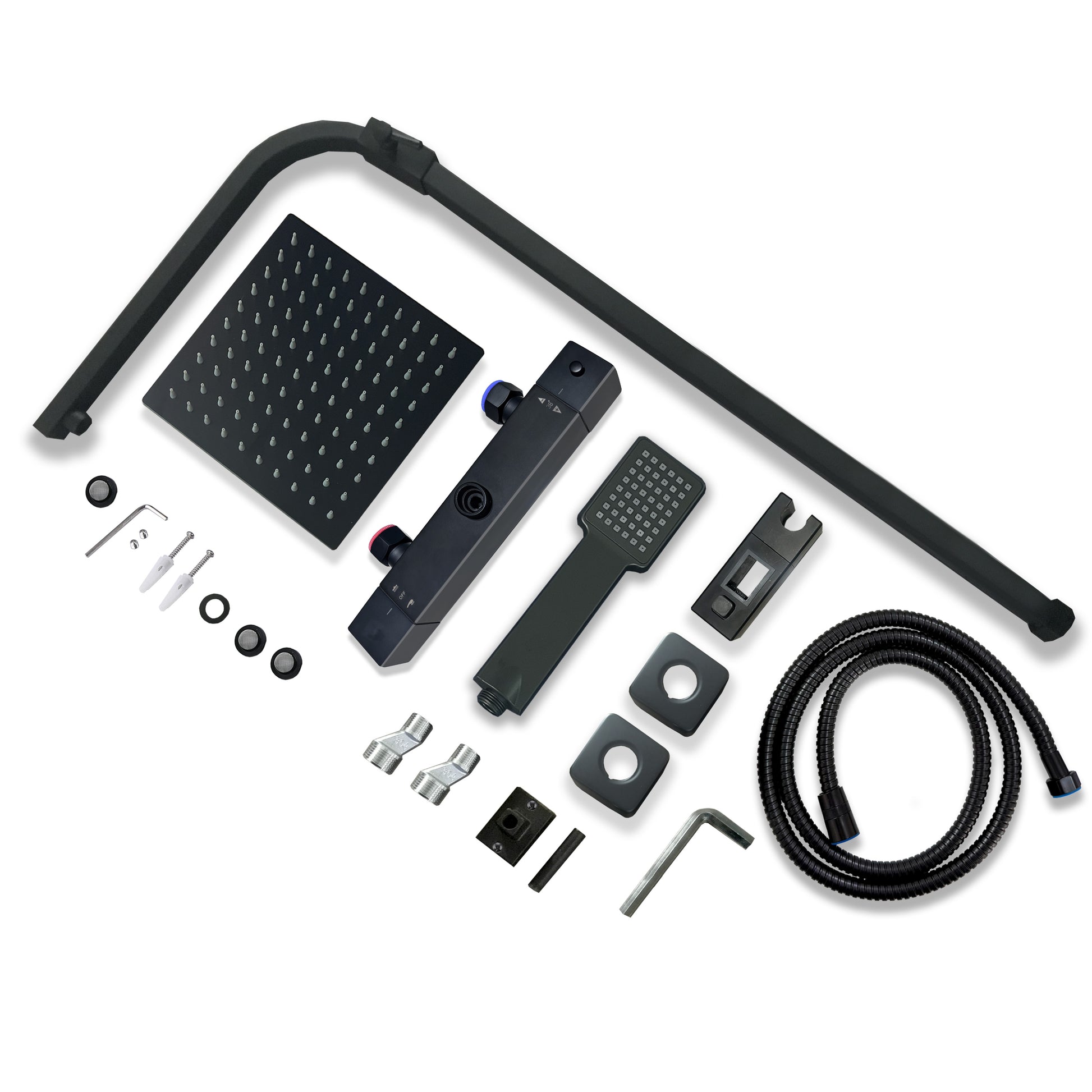Doccia AICA con miscelatore termostatico e soffione quadrato 20x20 cm in acciaio inox, regolabile in altezza, colori disponibili: cromo o nero.