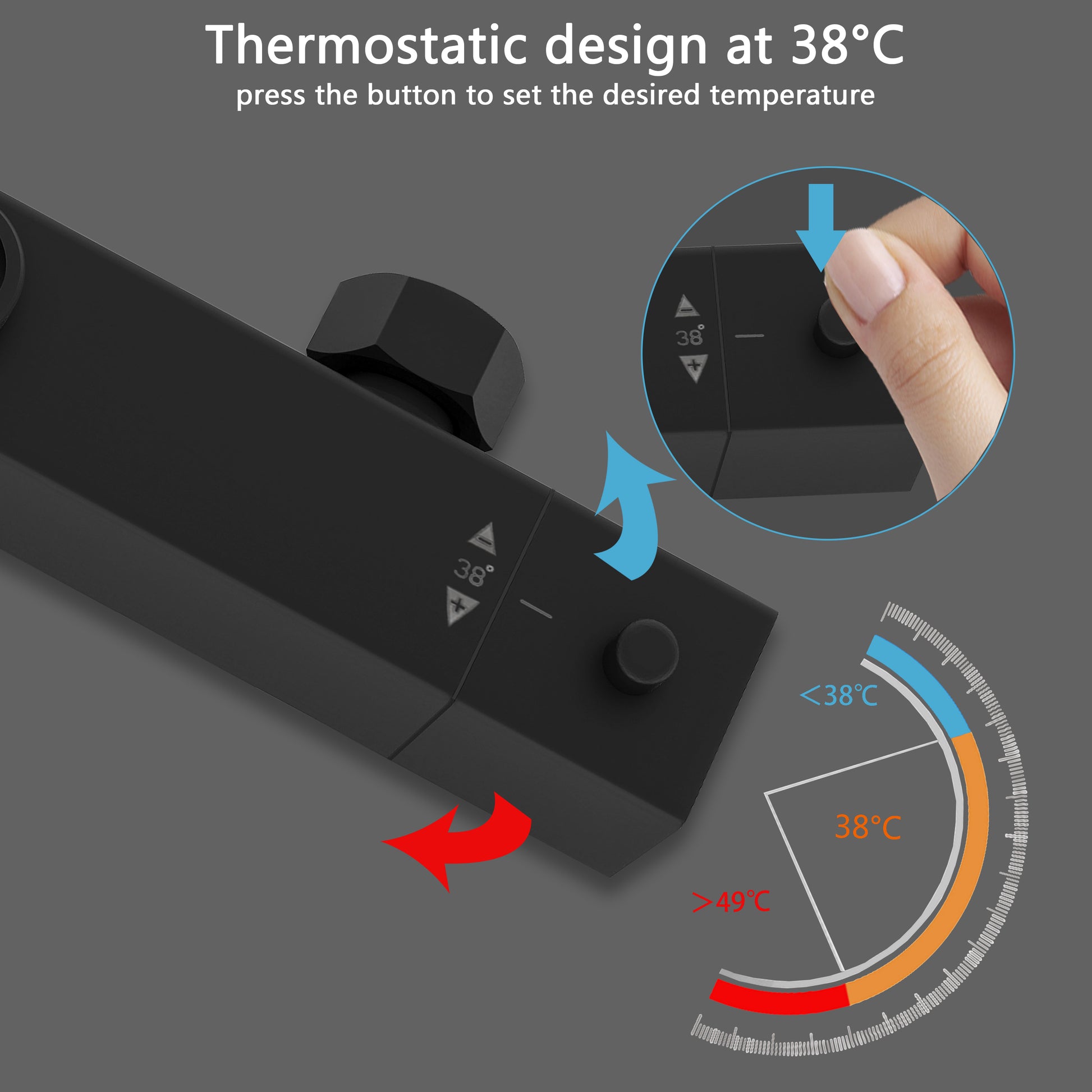 Doccia AICA con miscelatore termostatico e soffione quadrato 20x20 cm in acciaio inox, regolabile in altezza, colori disponibili: cromo o nero.