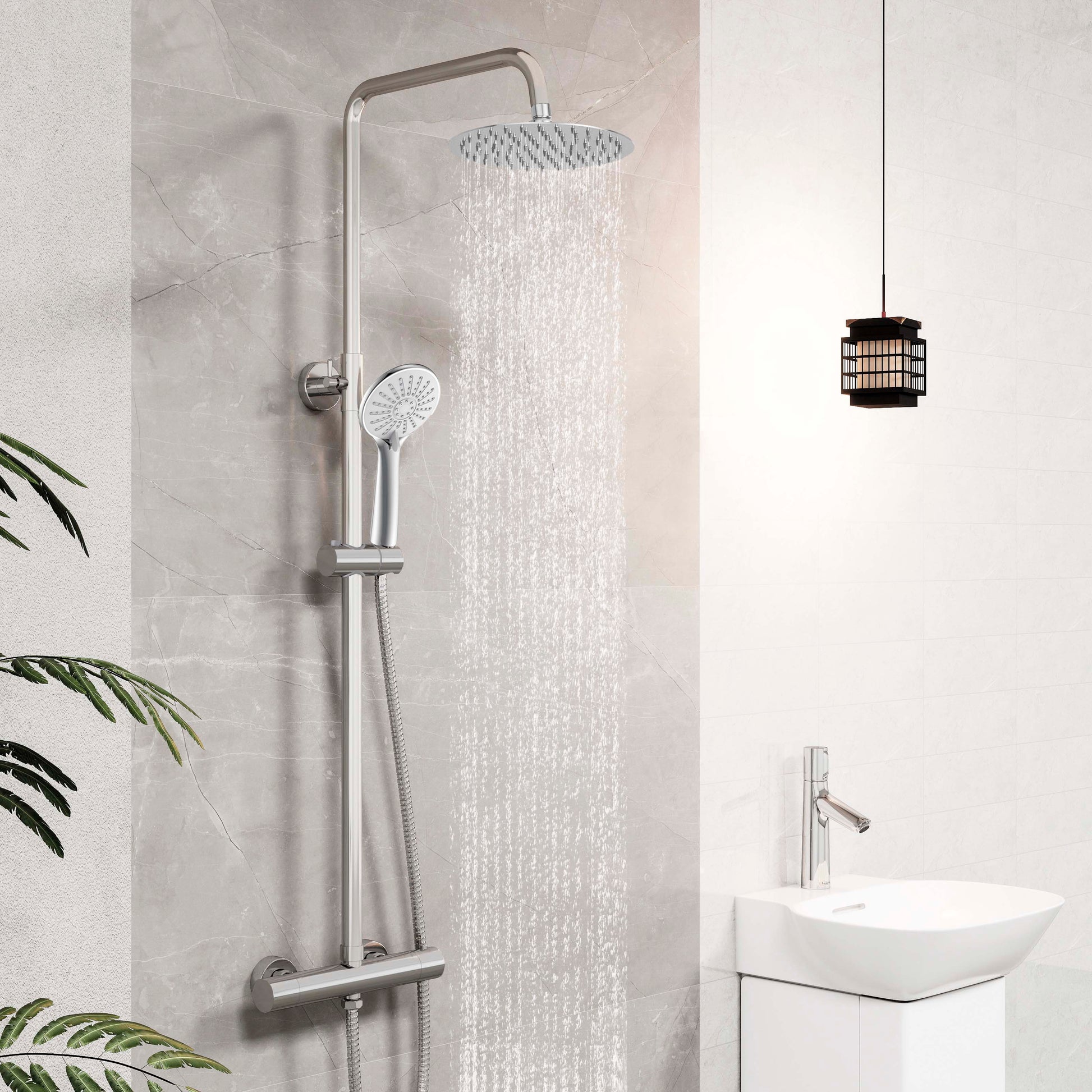 Sistema doccia AICA con miscelatore termostatico e soffione in acciaio inox da 20 cm di diametro, regolabile in altezza, color cromo.