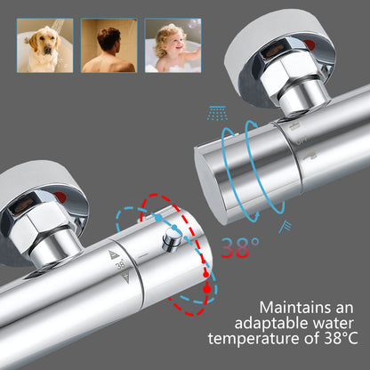 Sistema doccia AICA con miscelatore termostatico e soffione in acciaio inox da 20 cm di diametro, regolabile in altezza, color cromo.