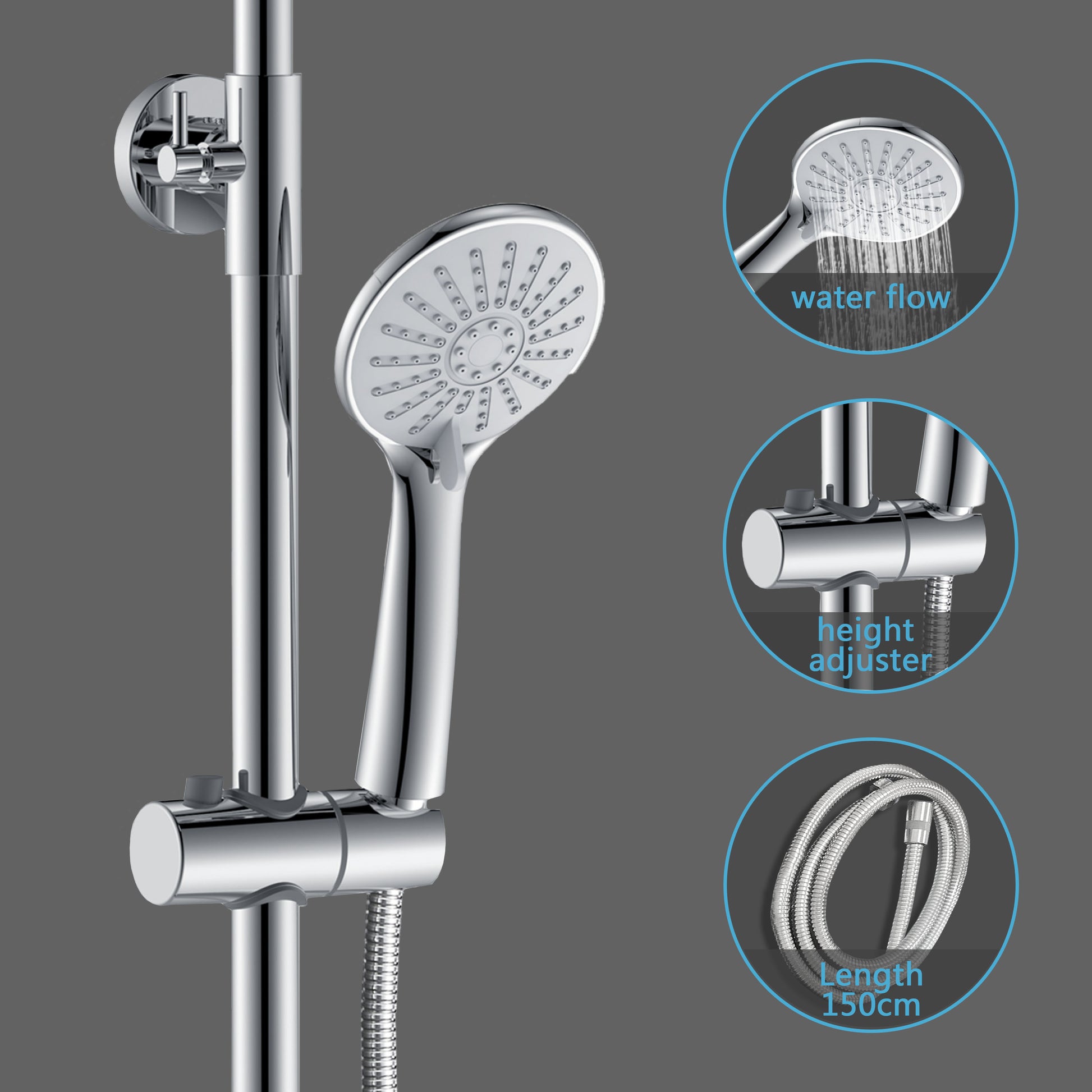 Sistema doccia AICA con miscelatore termostatico e soffione in acciaio inox da 20 cm di diametro, regolabile in altezza, color cromo.