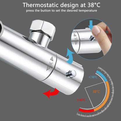 Sistema doccia AICA con miscelatore termostatico e soffione in acciaio inox da 20 cm di diametro, regolabile in altezza, color cromo.