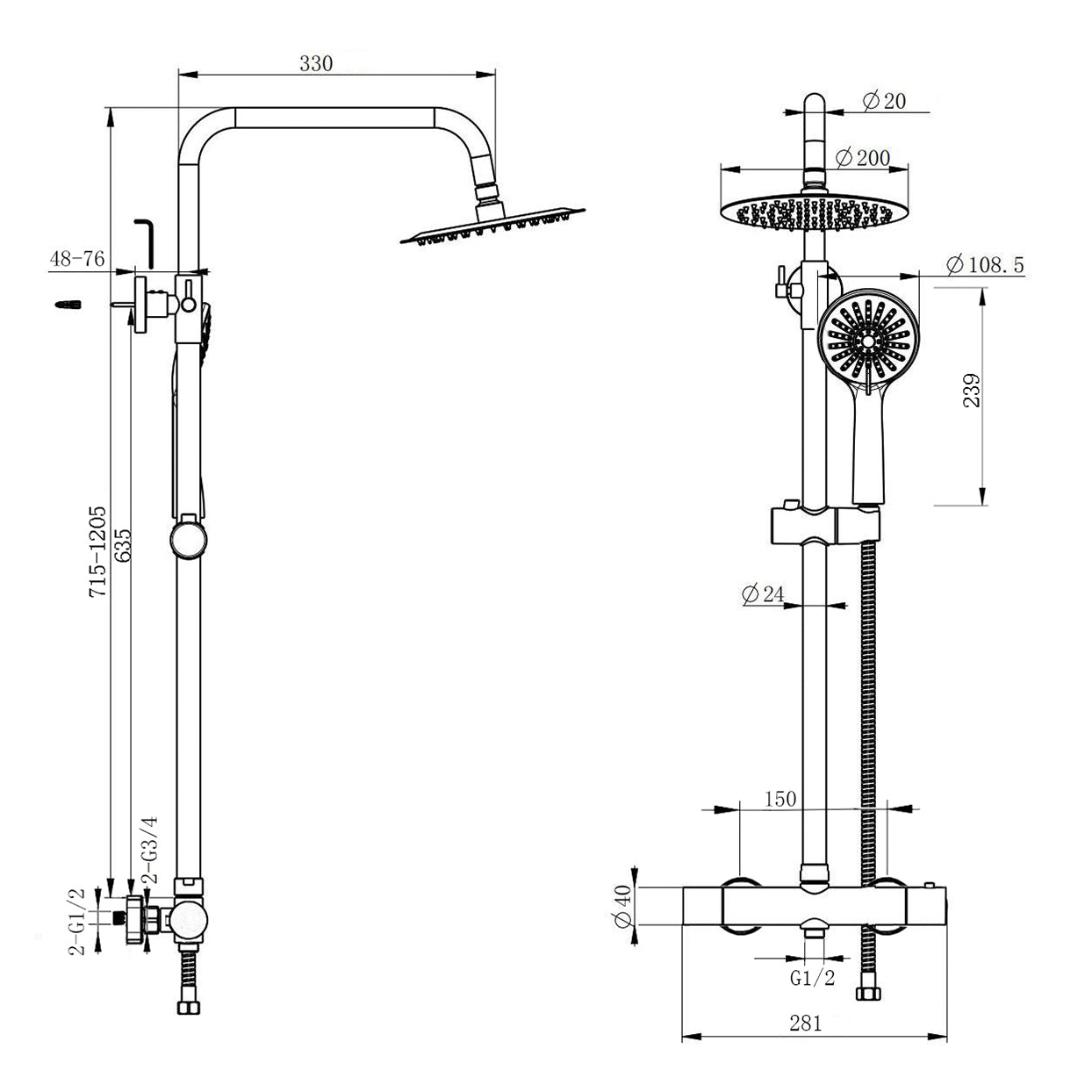 Sistema doccia AICA con miscelatore termostatico e soffione in acciaio inox da 20 cm di diametro, regolabile in altezza, color cromo.