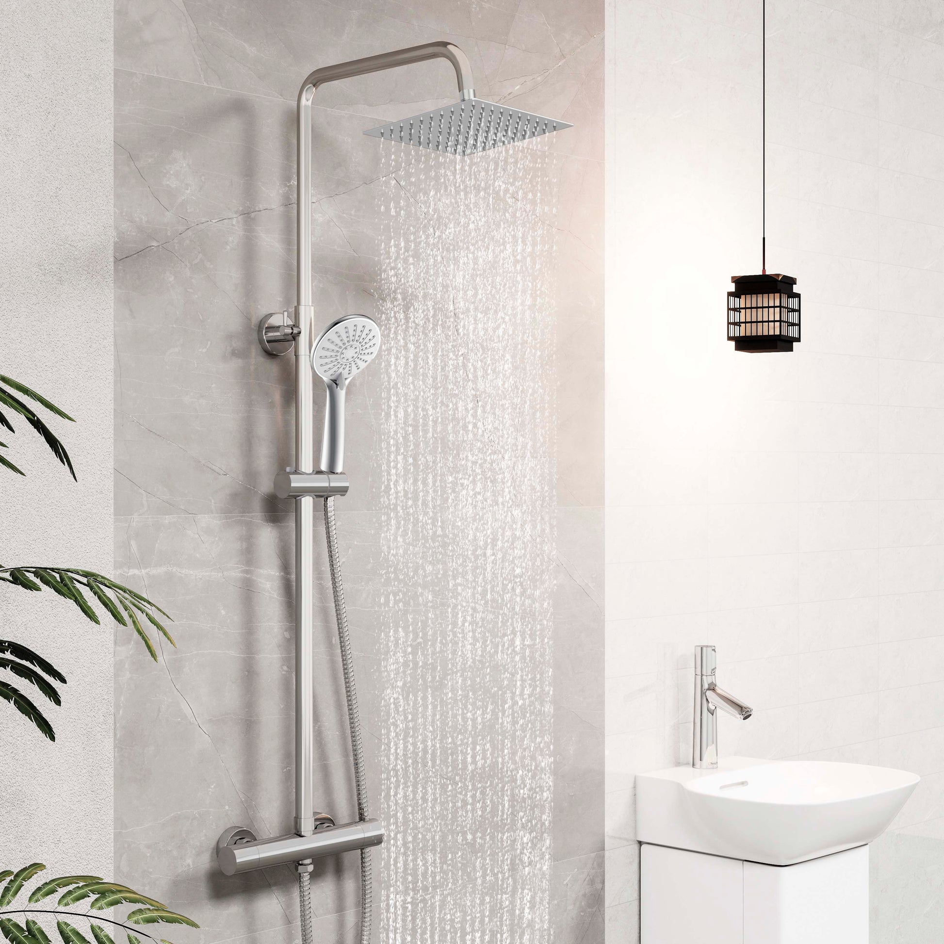 AICA Colonna doccia doccia con miscelatore termostatico, soffione quadrato 20x20cm in acciaio inox, regolabile in altezza, disponibile in cromo/nero