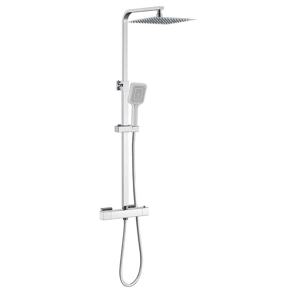 Colonna doccia termostatica, dotata di soffione quadrato 30x30 e doccetta con 3 modalità di getto, regolabile in altezza tra 72 e 120 centimetri#Cromato