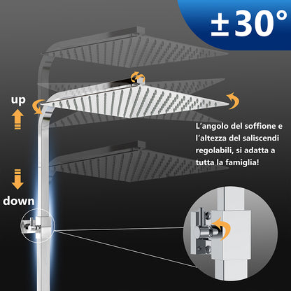 Colonna doccia termostatica, dotata di soffione quadrato 30x30 e doccetta con 3 modalità di getto, regolabile in altezza tra 72 e 120 centimetri#Cromato