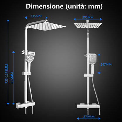 Colonna doccia termostatica, dotata di soffione quadrato 30x30 e doccetta con 3 modalità di getto, regolabile in altezza tra 72 e 120 centimetri#Cromato