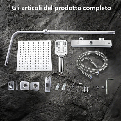 Colonna doccia termostatica, dotata di soffione quadrato 30x30 e doccetta con 3 modalità di getto, regolabile in altezza tra 72 e 120 centimetri#Cromato