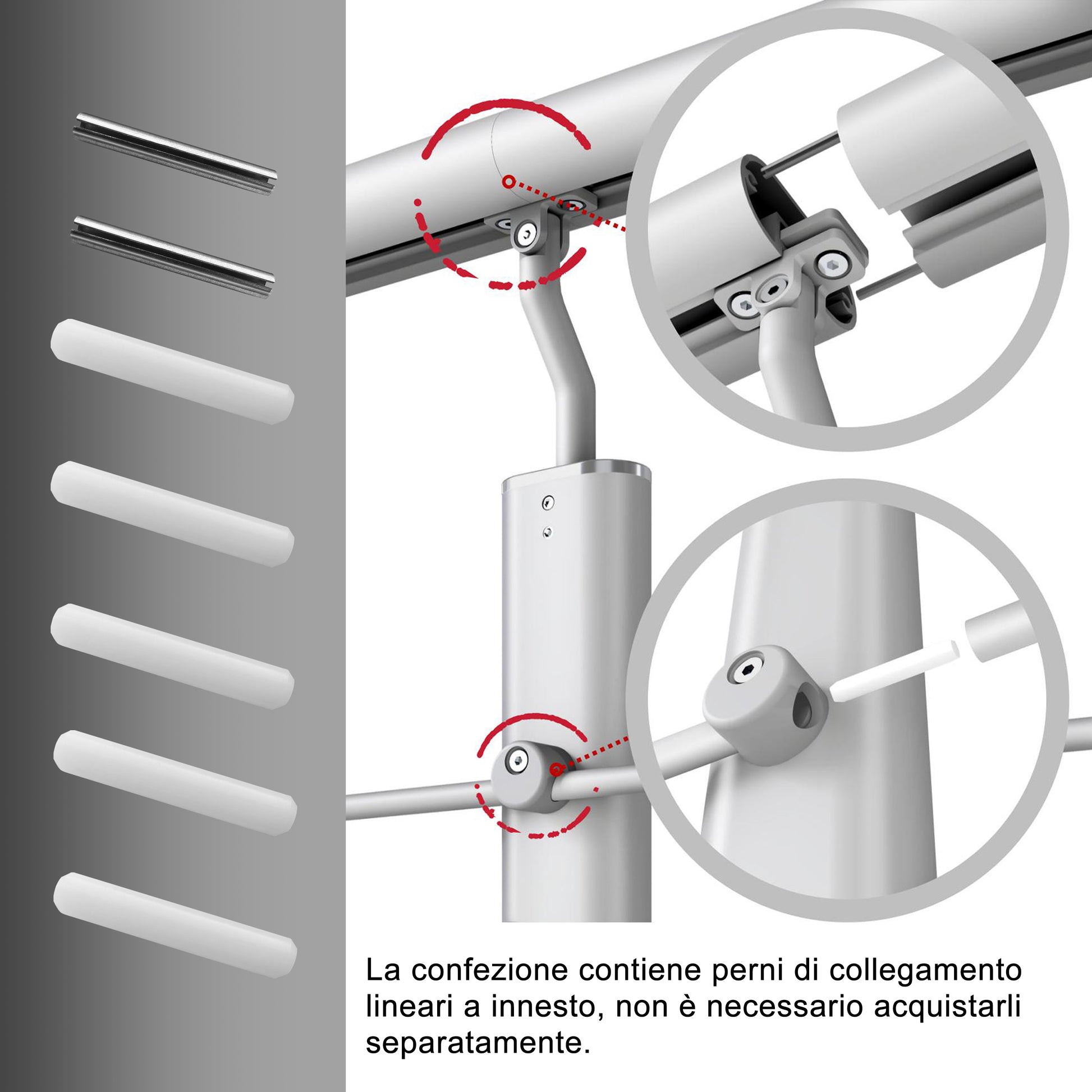 Ringhiera Parapetto in Alluminio Nero Opaco o Argento Opaco L. 100/150/200 cm a Montaggio a Parete, con supporto di collegamento a Parete#Argento