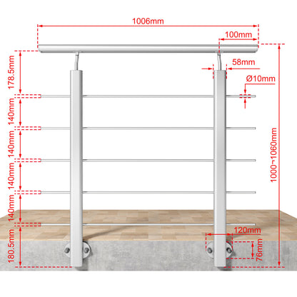 Ringhiera Balaustra in Alluminio Argento Opaco o Nero Opaco L. 100/150/200 cm a Montaggio a Parete, con Supporto di Collegamento a Parete Argento 100cm#Argento