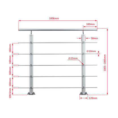 Ringhiera Parapetto in Alluminio Argento o Nero Opaco — Disponibile in 3 Misure: L. 100/150/200 cm — Montaggio a Pavimento per Interni ed Esterni Argento 100cm#Argento