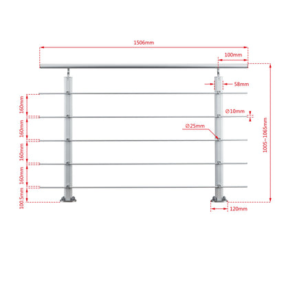 Ringhiera Parapetto in Alluminio Argento o Nero Opaco — Disponibile in 3 Misure: L. 100/150/200 cm — Montaggio a Pavimento per Interni ed Esterni Argento 150cm#Argento