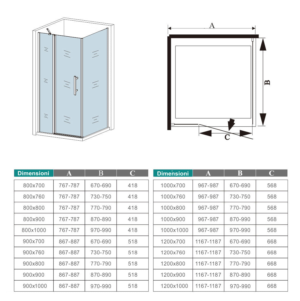 195cm Box Doccia Angolare Porta Battente con Parete Fissa in Vetro Temperato 6mm Anticalcare con 2 Barre Stabilizzatrici Telaio Cromo Lucido