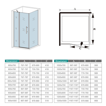 195cm Box Doccia Angolare Porta Battente con Parete Fissa in Vetro Temperato 6mm Anticalcare con 2 Barre Stabilizzatrici Telaio Cromo Lucido