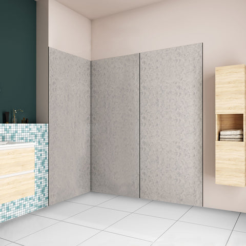 Pannello doccia angolare H.210 cm, disponibile in più misure, realizzato in alluminio da 3 mm con finitura grigio cemento, adatto per l'arredo delle pareti del bagno