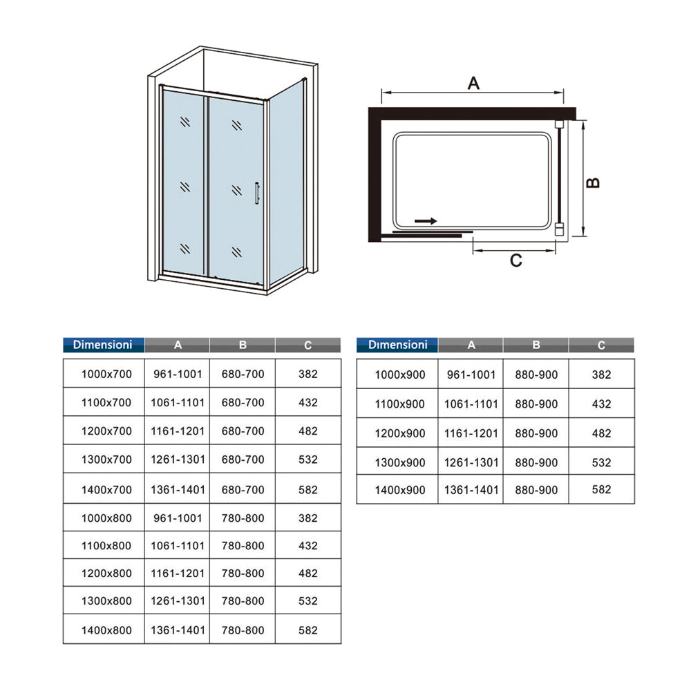Box Doccia Angolare Porta Scorrevole con Parete Fissa Vetro Temperato 5mm Satinato Opaco H.185cm