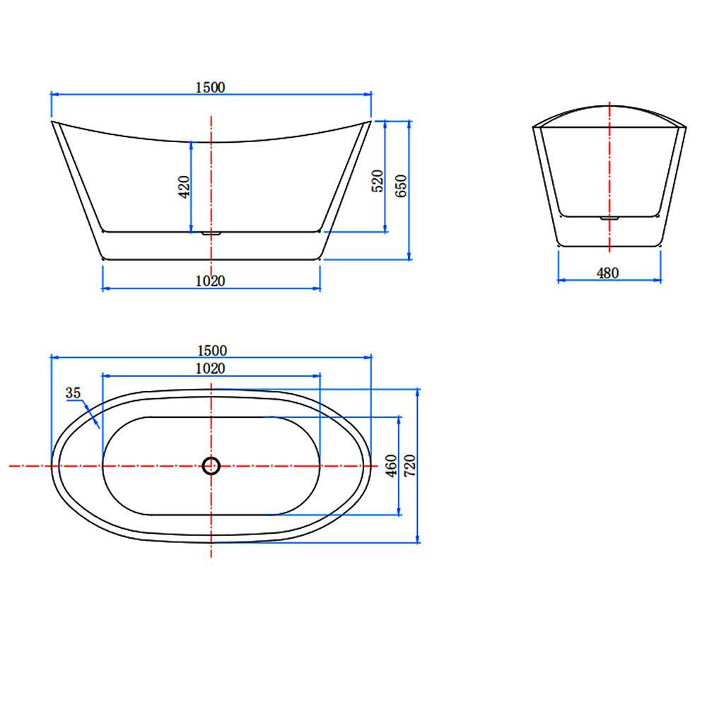 Vasca da Bagno a Isola Freestanding in Acrilico da 150x72x65 cm, Colore Bianco, Forma di Barca Ovale