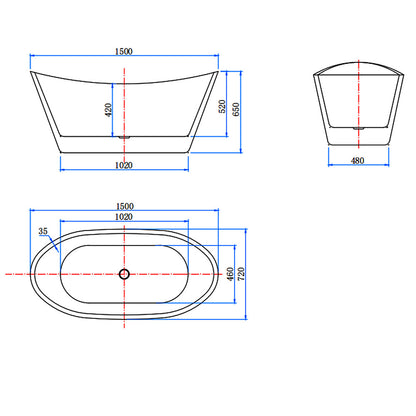 Vasca da Bagno a Isola Freestanding in Acrilico da 150x72x65 cm, Colore Bianco, Forma di Barca Ovale