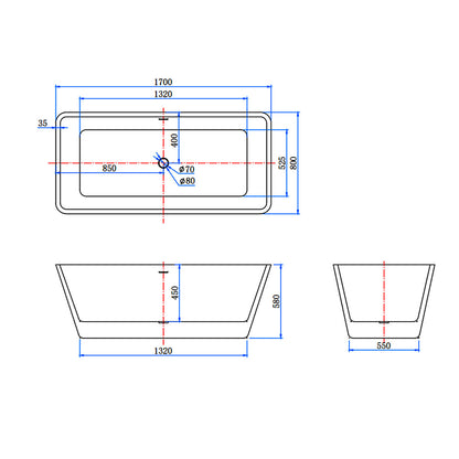 Vasca da Bagno a Isola Freestanding in Acrilico da 170x80x58 cm/150x72x56 cm, Colore Bianco, Forma Rettangolare