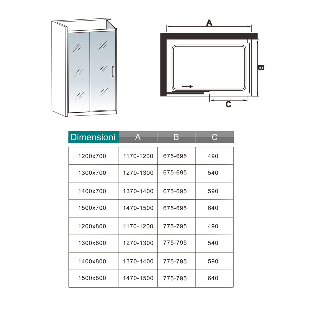 195cm Box Doccia Angolare Porta Scorrevole con Parete Fissa Vetro 8mm Temperato Anticalcare Trasparente Profilo Nero Opaco Softclose