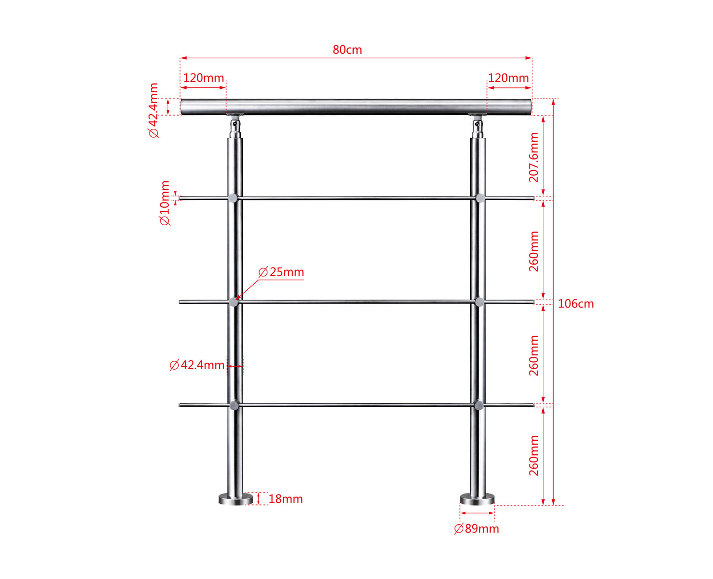 Ringhiera universale in acciaio inox 80-100-120-150-180-200-220-240 cm con 3 barre trasversali 80x106cm