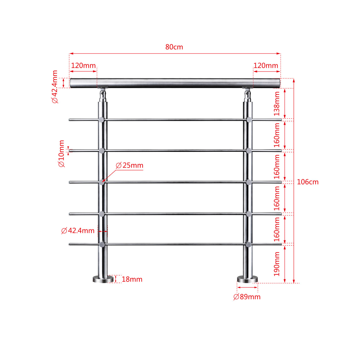 Ringhiera Balaustra in Acciaio Inox con 5 barre trasversali, L. 100-240 cm, dal miglior rapporto qualità-prezzo 80x106cm