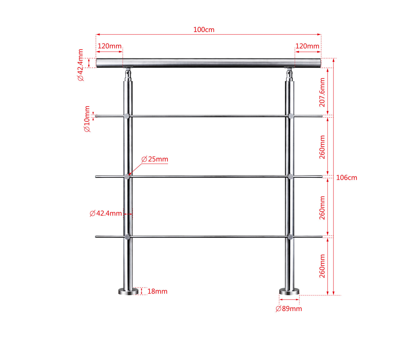 Ringhiera universale in acciaio inox 80-100-120-150-180-200-220-240 cm con 3 barre trasversali 100x106cm