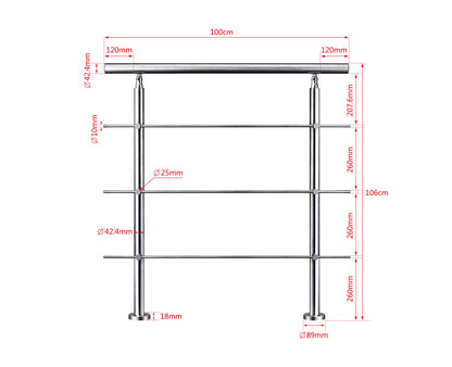Ringhiera universale in acciaio inox 80-100-120-150-180-200-220-240 cm con 3 barre trasversali 100x106cm