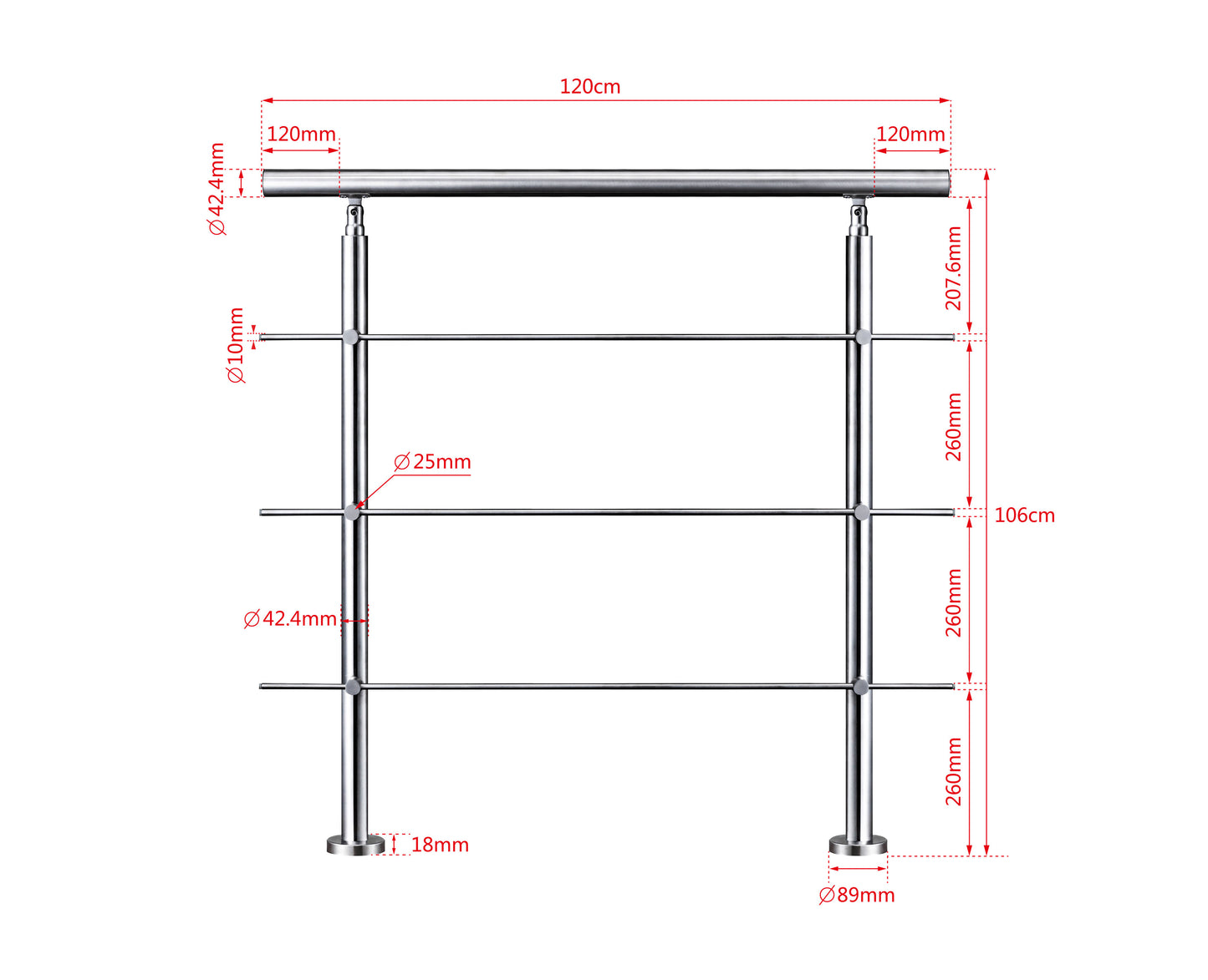 Ringhiera universale in acciaio inox 80-100-120-150-180-200-220-240 cm con 3 barre trasversali 120x106cm