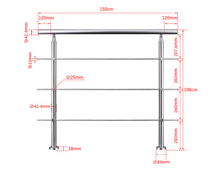Ringhiera universale in acciaio inox 80-100-120-150-180-200-220-240 cm con 3 barre trasversali 150x106cm