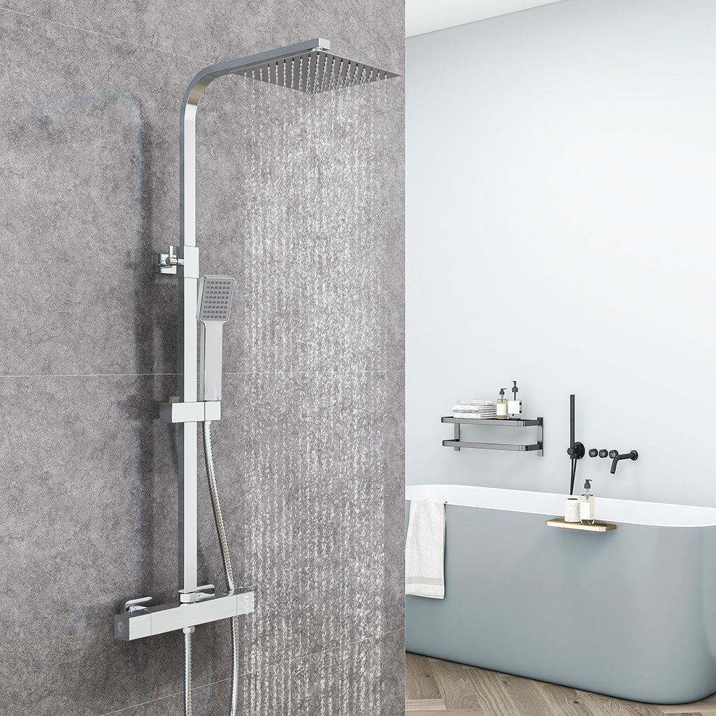 AICA Colonna Doccia con Miscelatore Termostatico, Soffione Doccia Quadrato in Acciaio Inox, Set Doccia Completo, Altezza Regolabile, Rubinetto Doccia, Cromato ou Matt Black Cromato