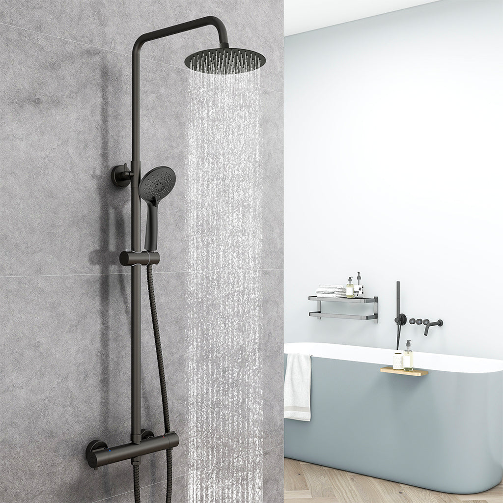AICA Colonna Doccia con Miscelatore Termostatico, Set Doccia Completo, Soffione Doccia Tondo in Acciaio Inox, Altezza Regolabile, Rubinetto Doccia, Matt Black / Cromato Nero opaco