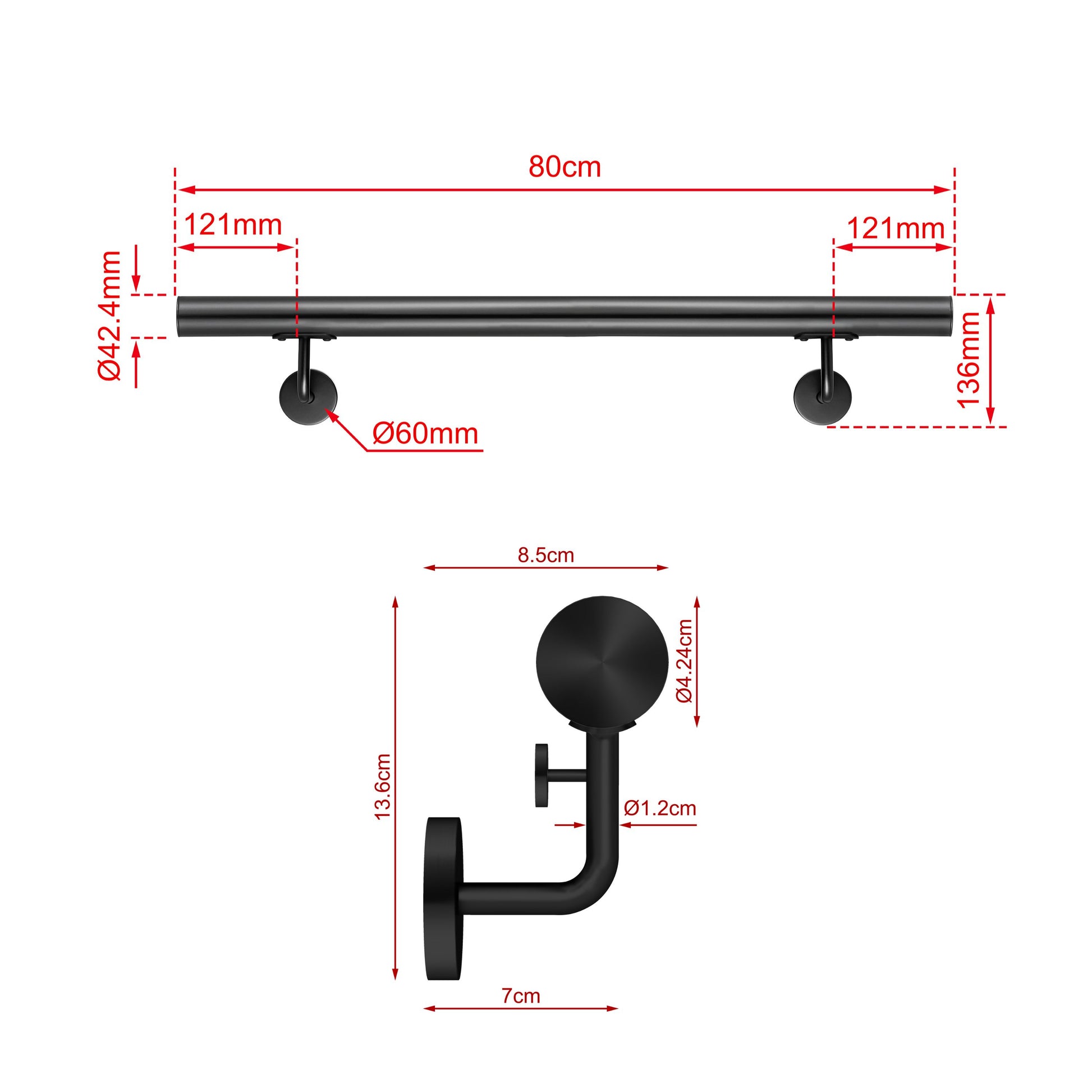 Corrimano Inox 304 nero opaco 80-100-120-150-180-200-220-240 cm per Scale Interne ed Esterne 80cm Black