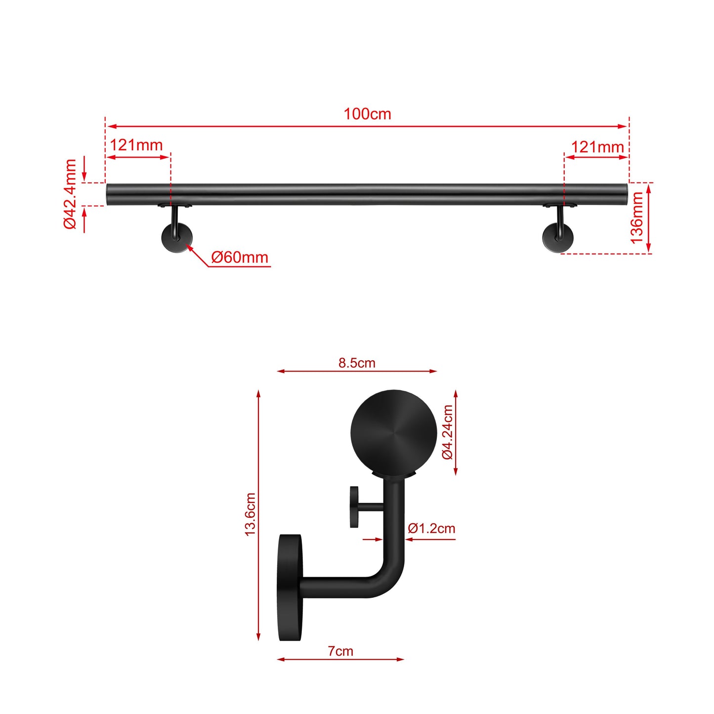 Corrimano Inox 304 nero opaco 80-100-120-150-180-200-220-240 cm per Scale Interne ed Esterne 100cm Black