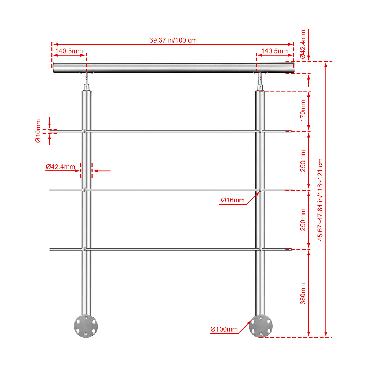 Kit ringhiera in acciaio inox 304 con montaggio laterale, lunghezze 100–240 cm, 3 traverse, espandibile con giunzioni 100 cm