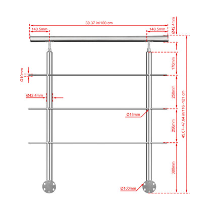 Kit ringhiera in acciaio inox 304 con montaggio laterale, lunghezze 100–240 cm, 3 traverse, espandibile con giunzioni 100 cm