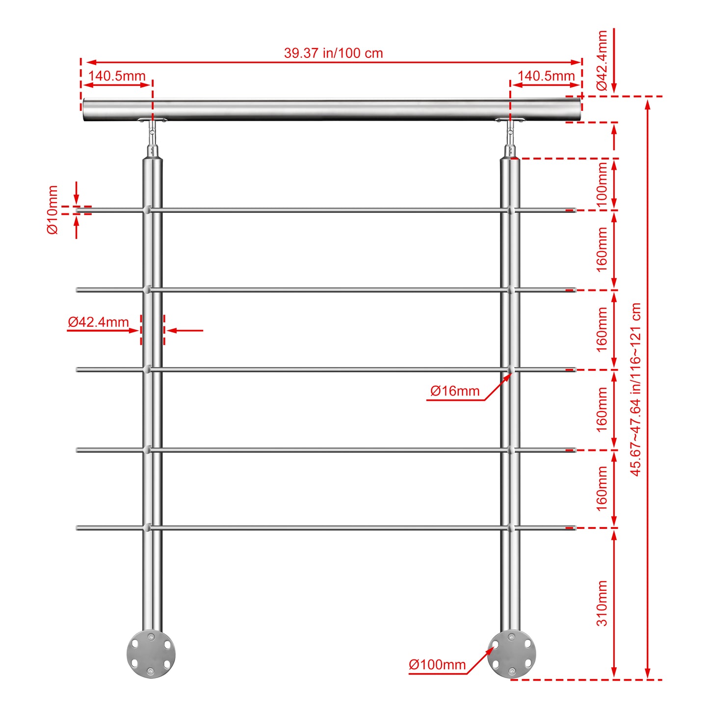 Kit ringhiera in acciaio inox 304 con montaggio laterale, lunghezze 100–240 cm, 5 traverse, espandibile con giunzioni