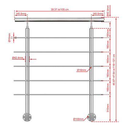 Kit ringhiera in acciaio inox 304 con montaggio laterale, lunghezze 100–240 cm, 5 traverse, espandibile con giunzioni