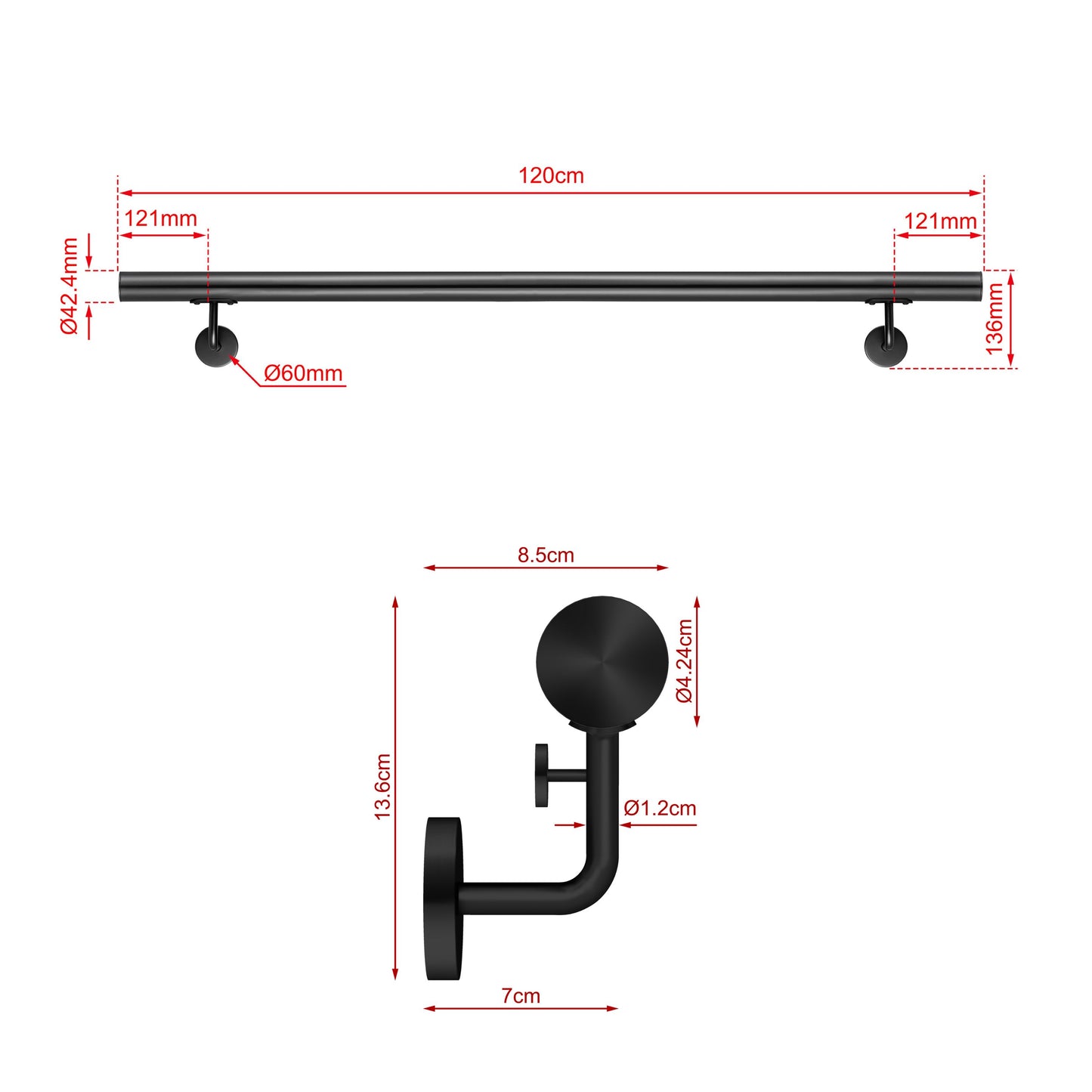 Corrimano Inox 304 nero opaco 80-100-120-150-180-200-220-240 cm per Scale Interne ed Esterne 120cm Black
