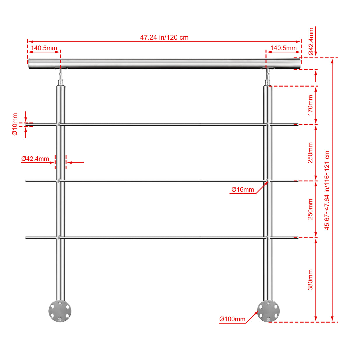 Kit ringhiera in acciaio inox 304 con montaggio laterale, lunghezze 100–240 cm, 3 traverse, espandibile con giunzioni 120 cm