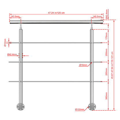 Kit ringhiera in acciaio inox 304 con montaggio laterale, lunghezze 100–240 cm, 3 traverse, espandibile con giunzioni 120 cm