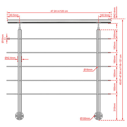 Kit ringhiera in acciaio inox 304 con montaggio laterale, lunghezze 100–240 cm, 5 traverse, espandibile con giunzioni